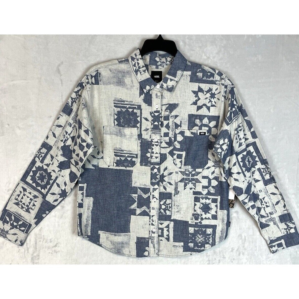 Vans Button Up Shirt Women Medium Blue Geometric Long Sleeve Pockets Casual NWT